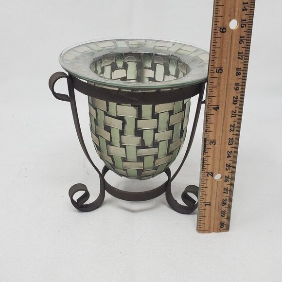 MOSAIC GLASS VOTIVE TEA LIGHT CANDLE HOLDER WITH BROWN METAL STAND - Picture 8 of 11